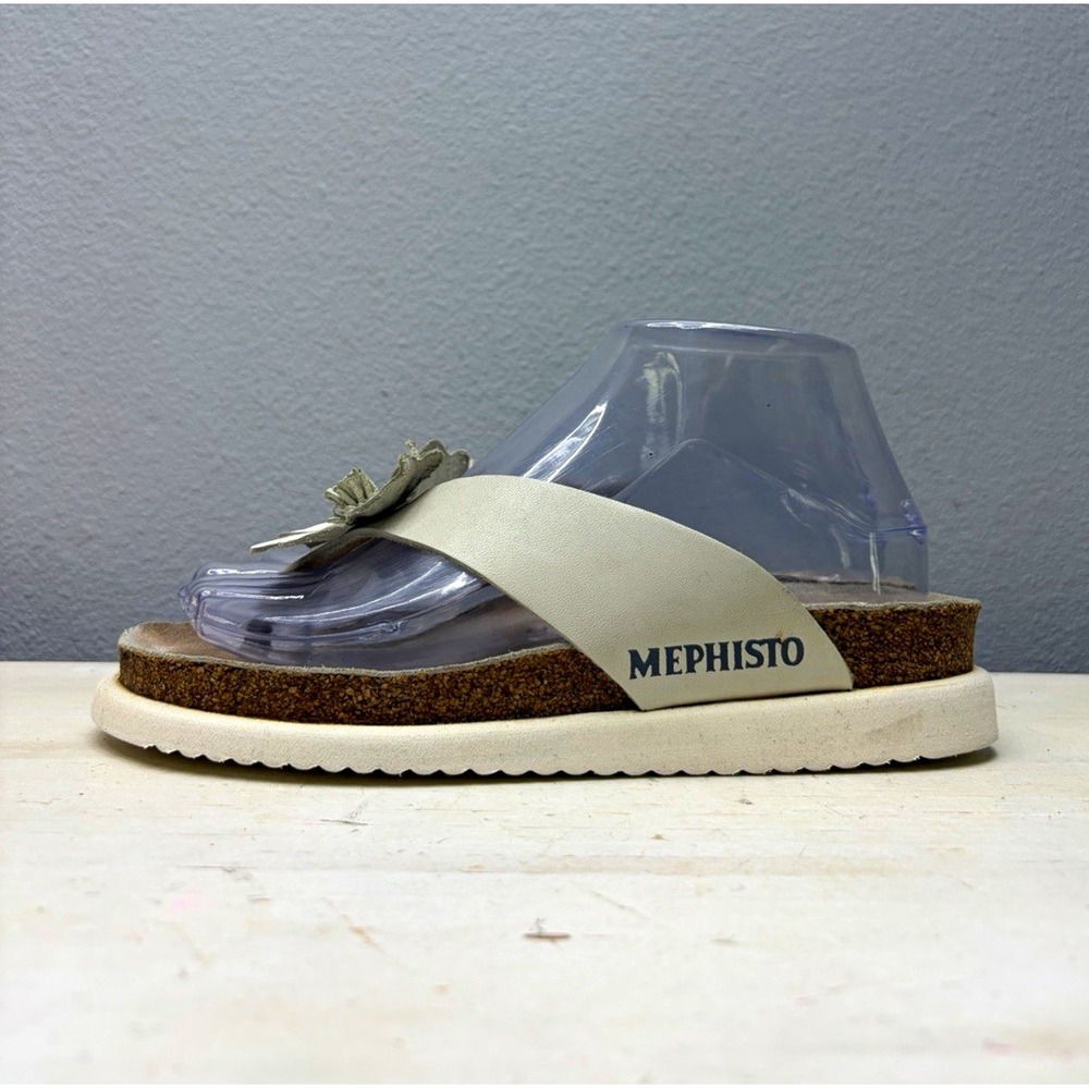 Mephisto White Leather Flower Accent Thong Sandals Size 37